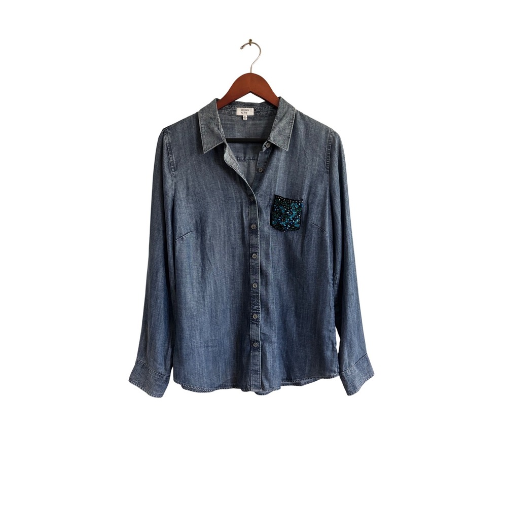 Crown & Ivy Womens Blue Lyocell Denim Button Down Shirt Beaded Sequin Pocket M